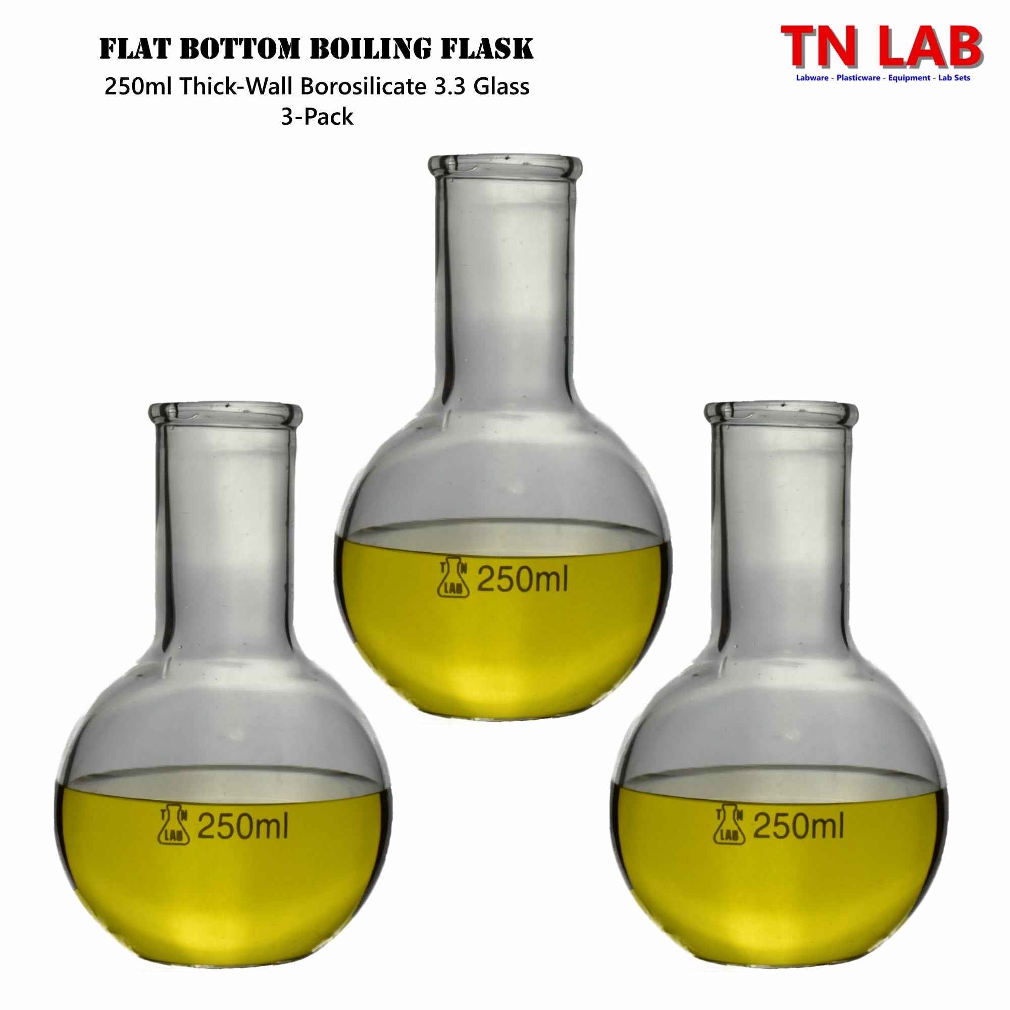 Flat Bottom Boiling Flask Florence Flask Borosilicate Glass 250ml 3 - Pack - TN LAB Supply