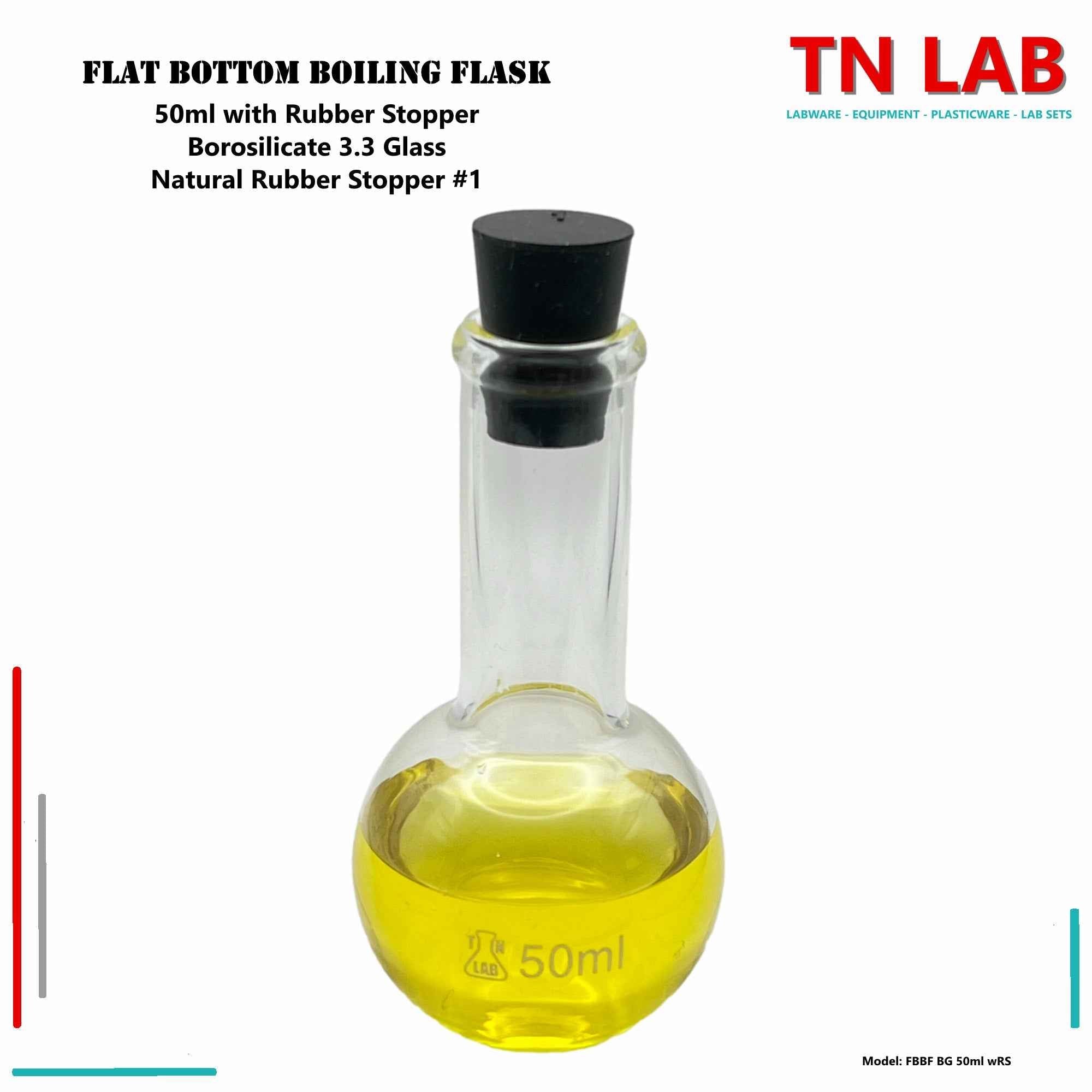 Flat Bottom Boiling Flask Florence Flask Borosilicate Glass 50ml with Rubber Stopper - TN LAB Supply