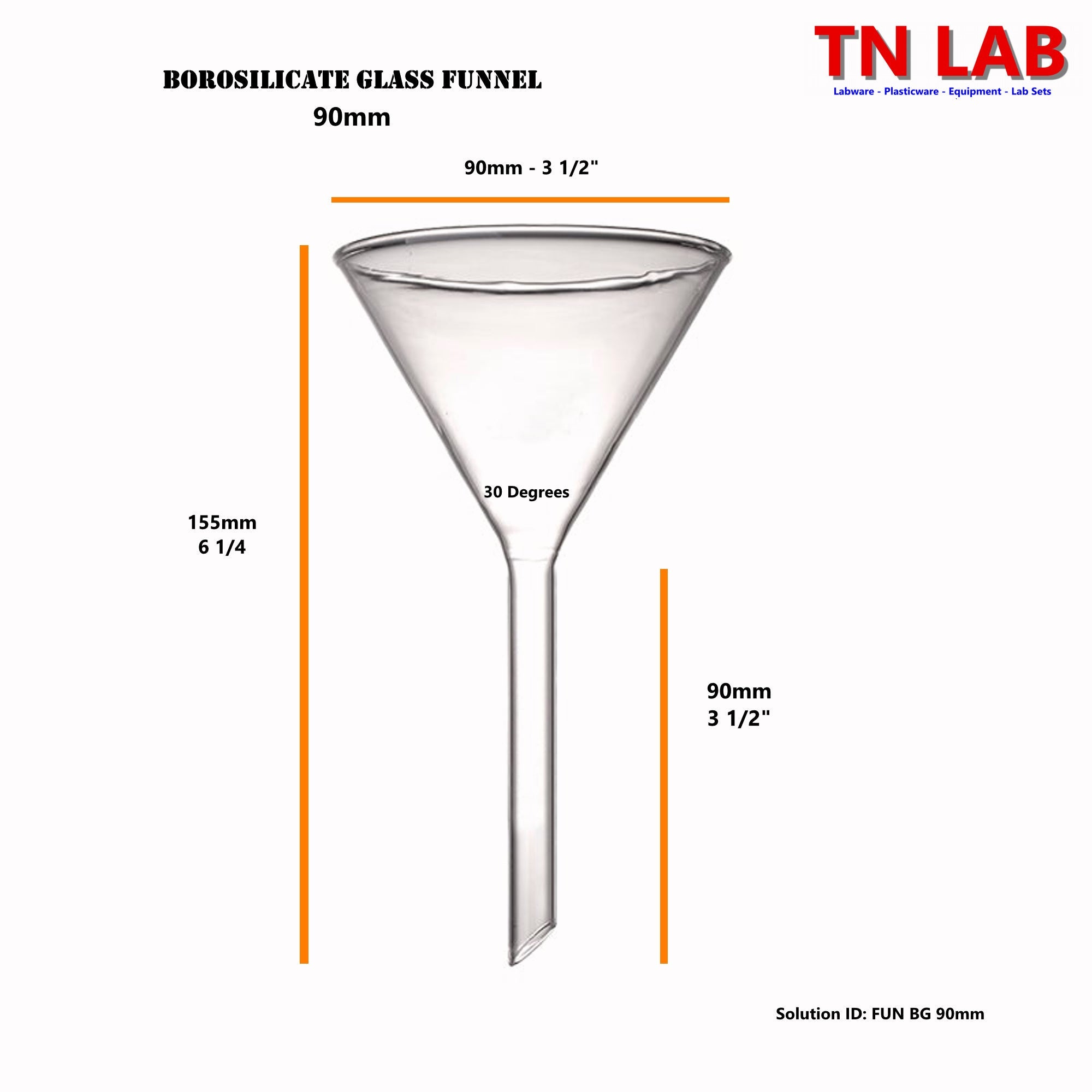 Funnel Borosilicate Glass 90mm Funnel - TN LAB Supply