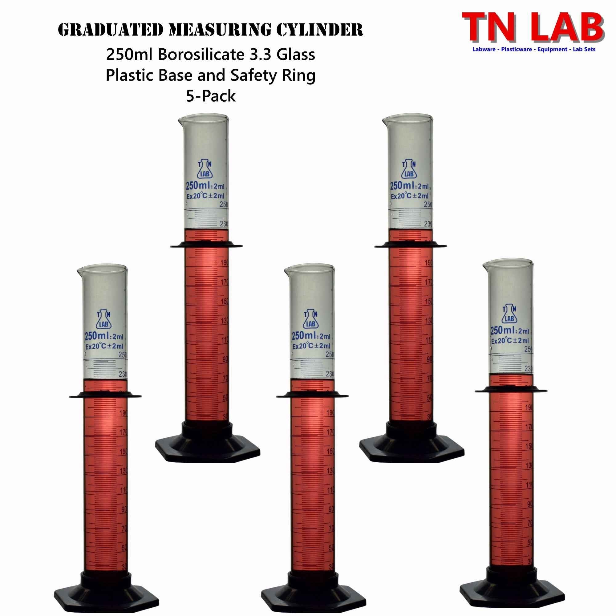 Measuring Cylinder 250ml Class A Borosilicate Glass Plastic Base - TN LAB Supply