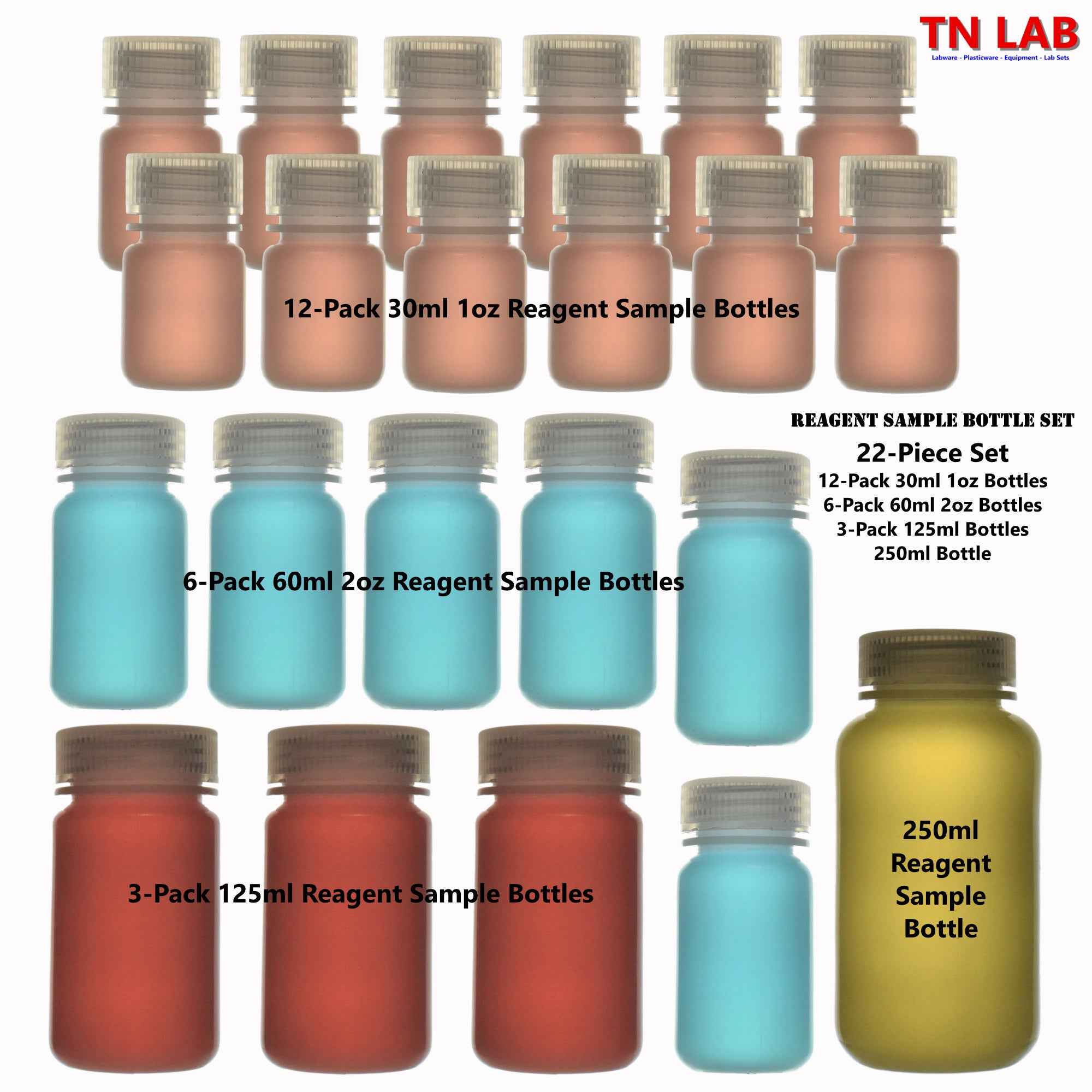 Reagent Sample Bottle SET of 4 Sizes with 22 Bottles 30 - 60 - 125 - 250ml Sizes - TN LAB Supply