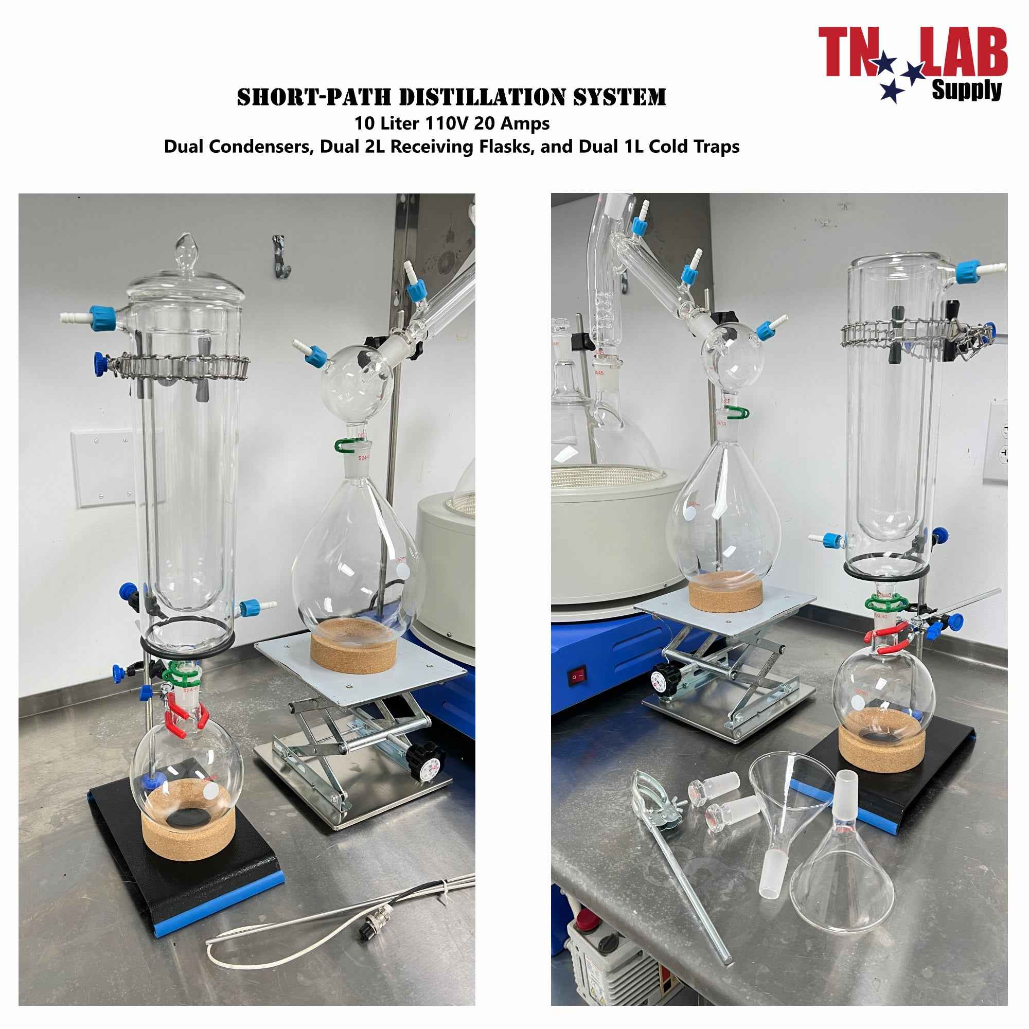 Short - Path Distillation System 10 Liter Dual Condensers Flasks Cold Traps 10000ml - TN LAB Supply