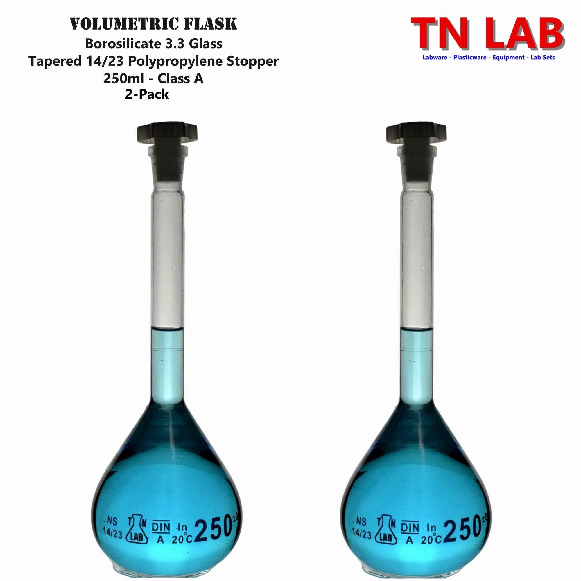Volumetric Flask 250ml Borosilicate Glass Class A Precision ISO 1042 14/23 Joint - TN LAB Supply
