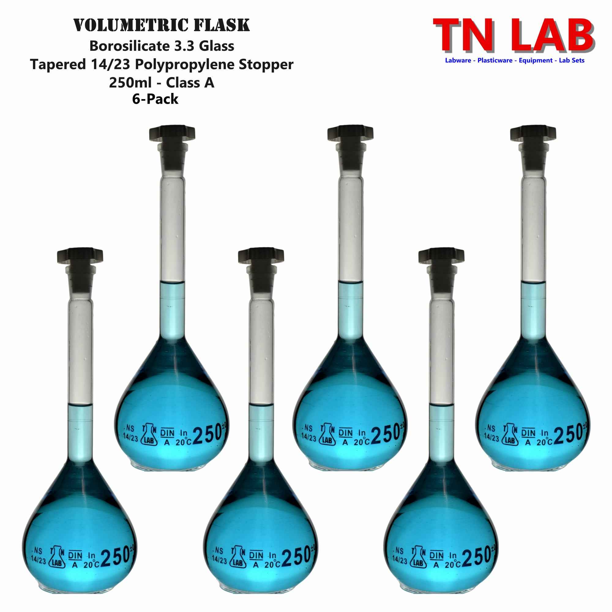 Volumetric Flask 250ml Borosilicate Glass Class A Precision ISO 1042 14/23 Joint - TN LAB Supply