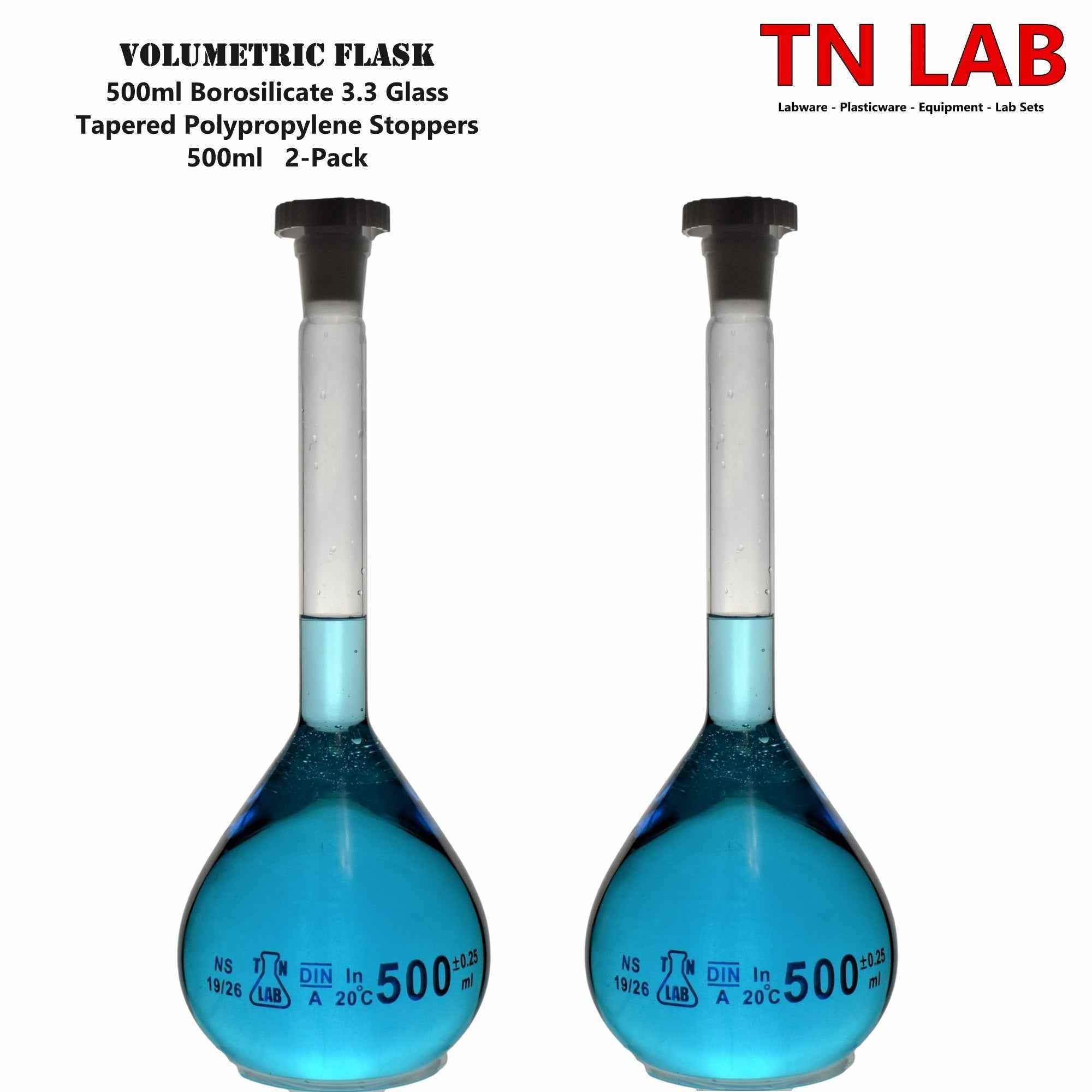 Volumetric Flask 500ml Borosilicate Glass Class A Precision ISO 1042 19/26 Joint - TN LAB Supply