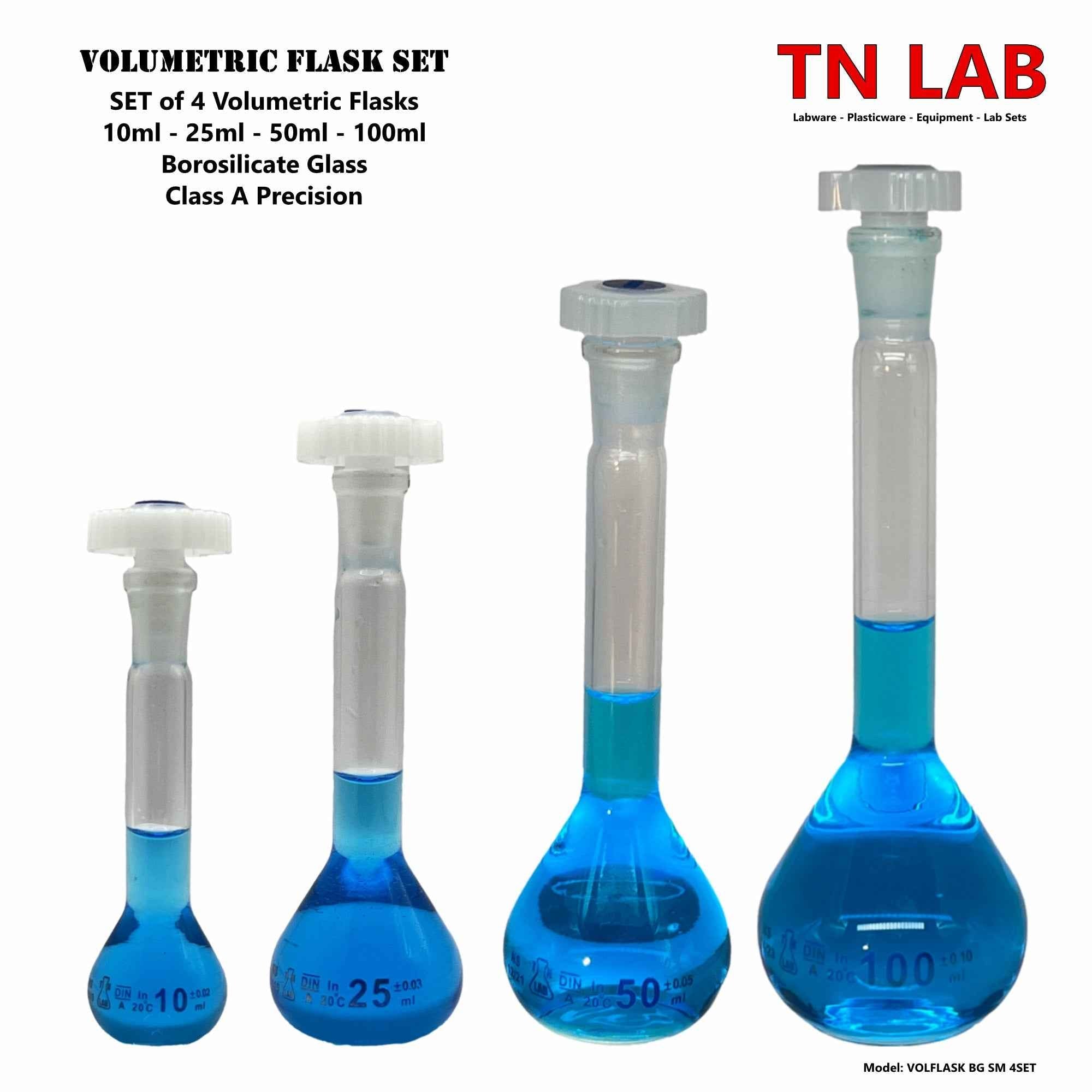 Volumetric Glass Flasks 4 - Piece SET of Small Sizes 10 - 25 - 50 - 100ml Class A Accuracy TN LAB - TN LAB Supply