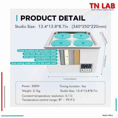 Water Bath BHS - 4 Quad - Hole Digital Control with 360 Degree Heating 4 - Hole - TN LAB Supply