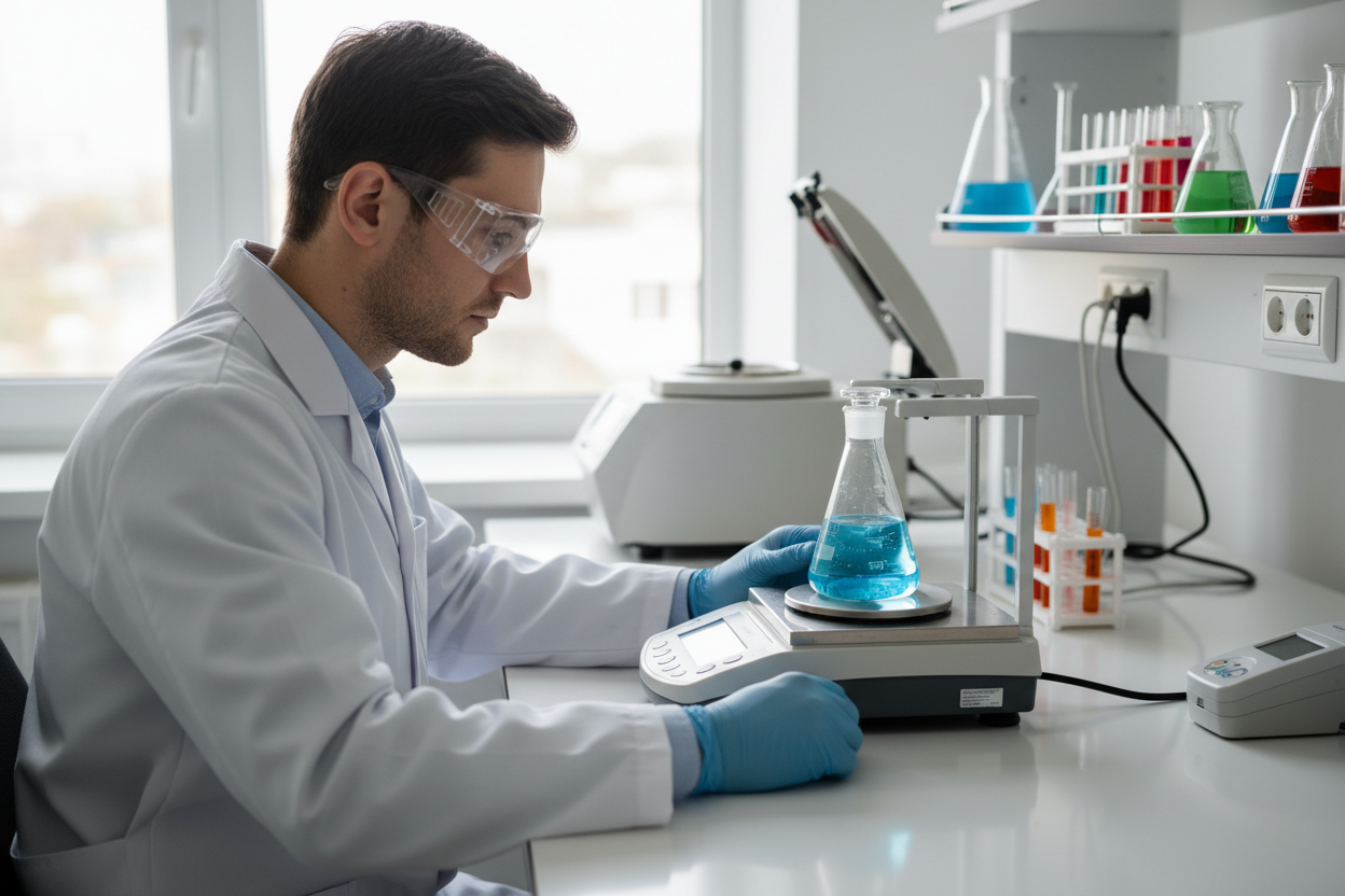 TN LAB Supply technician weighing solution in flask