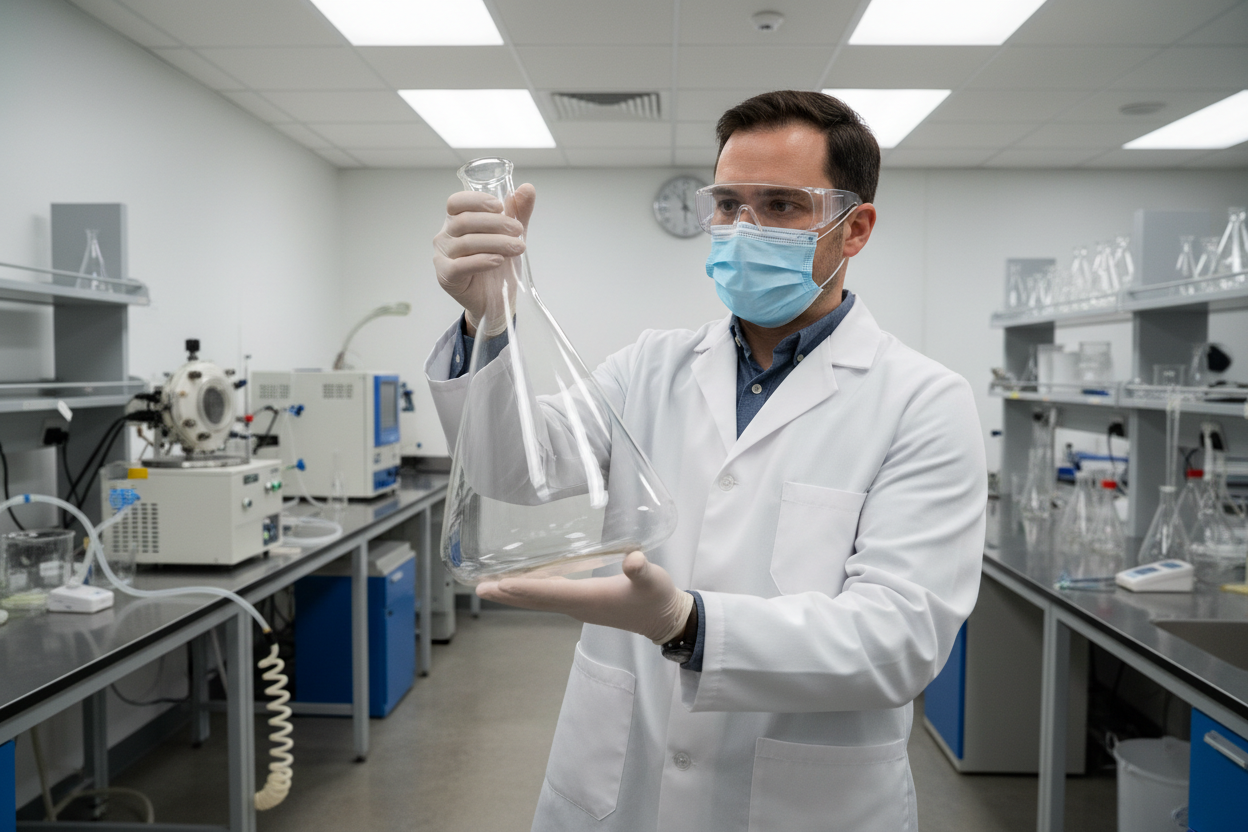 TN LAB technician holding 5 Liter Erlenmeyer flask