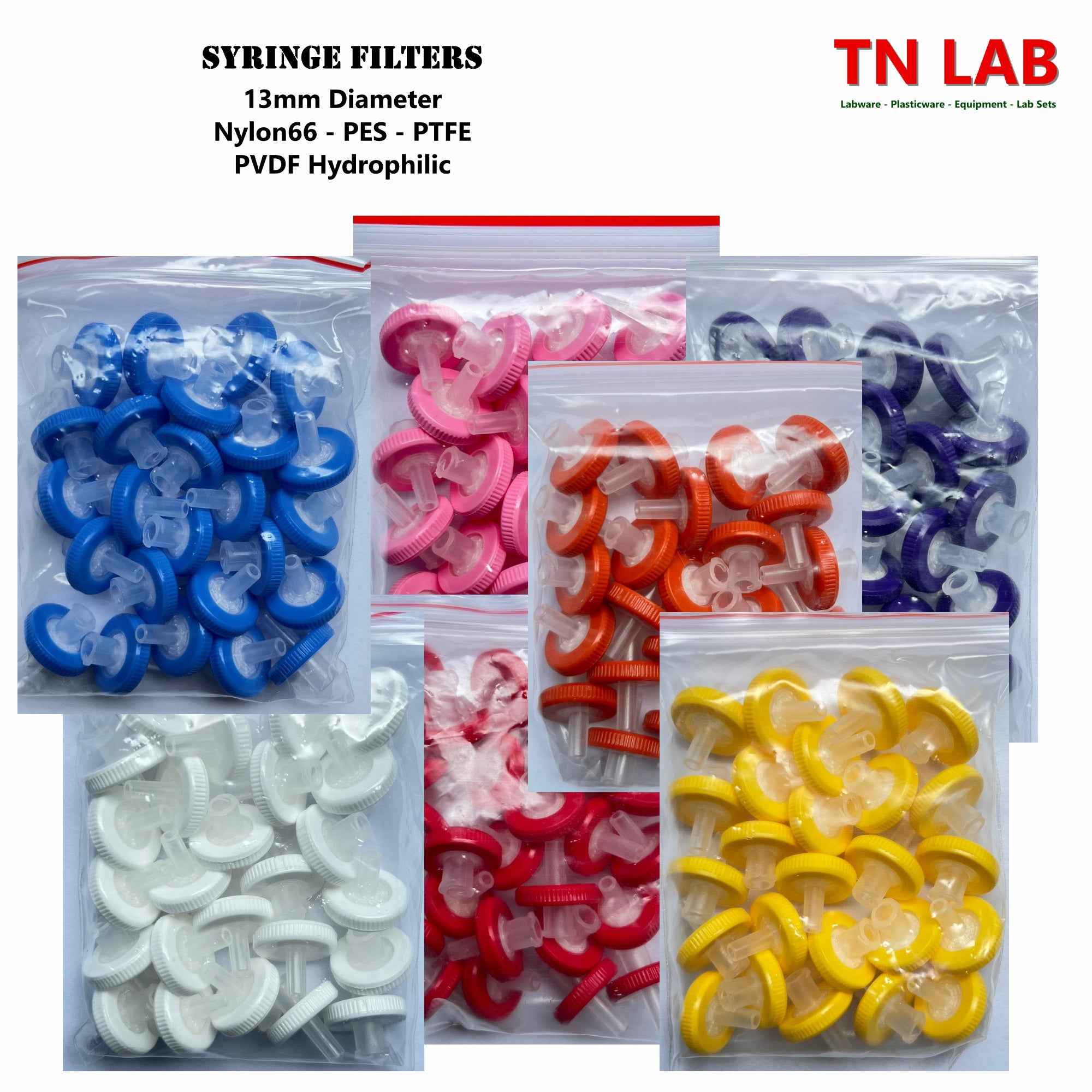 13mm Syringe Filters PES NYLON66 PTFE PVDF Hydrophilic - TN LAB Supply