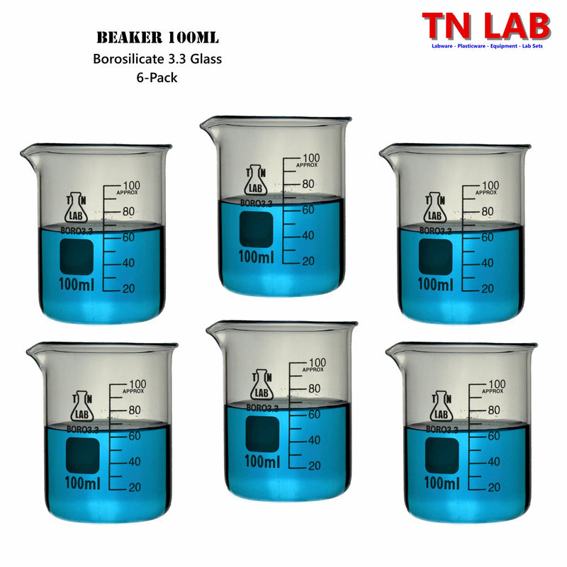 TN LAB Beaker 100ml Borosilicate 3.3 Glass 6-Pack
