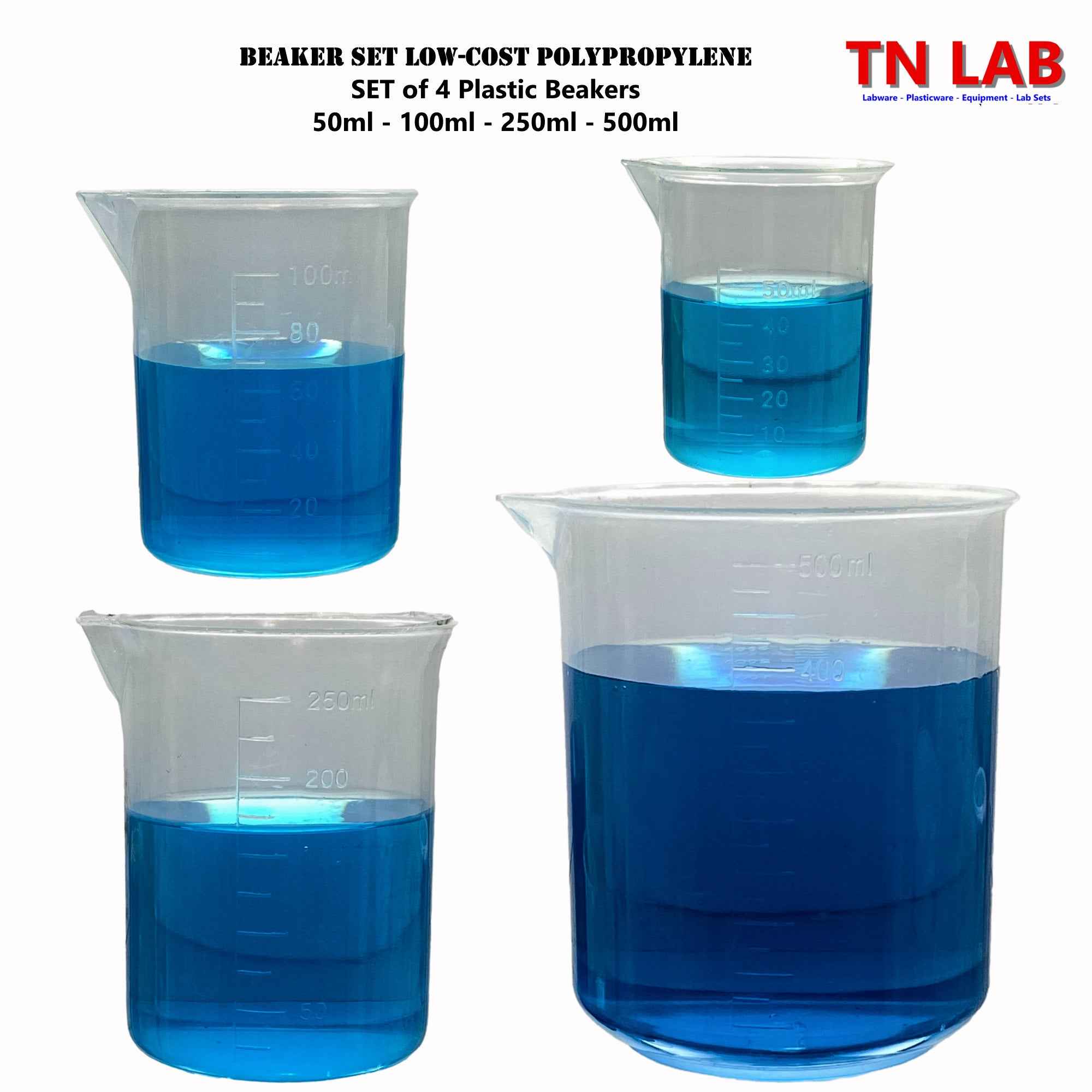Beaker Set Low-Cost Polypropylene Plastic Set of 4 Beakers (50-100-250-500ml)