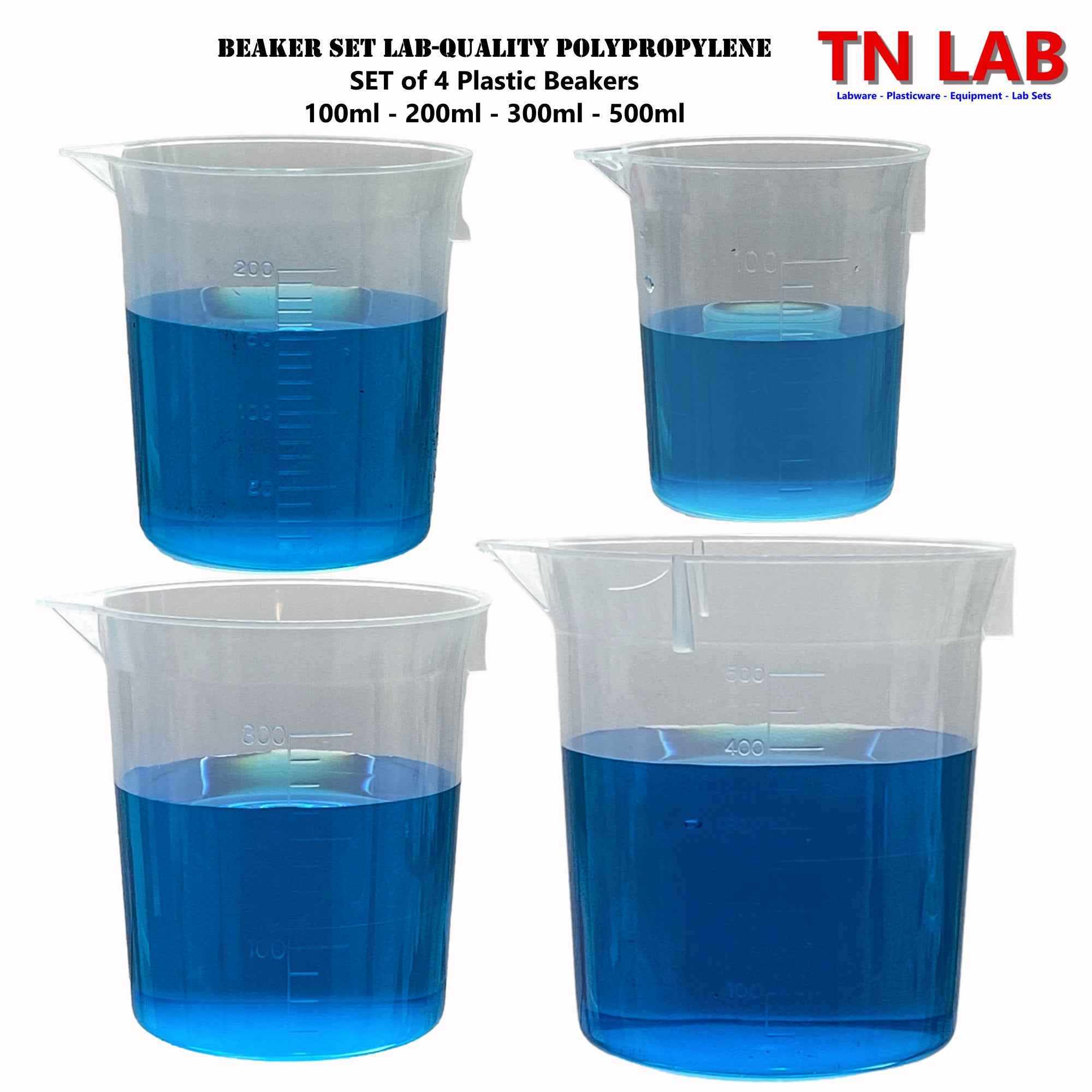 Beaker Set Lab-Quality Polypropylene Plastic Set of 4 Beakers (100-200-300-500)