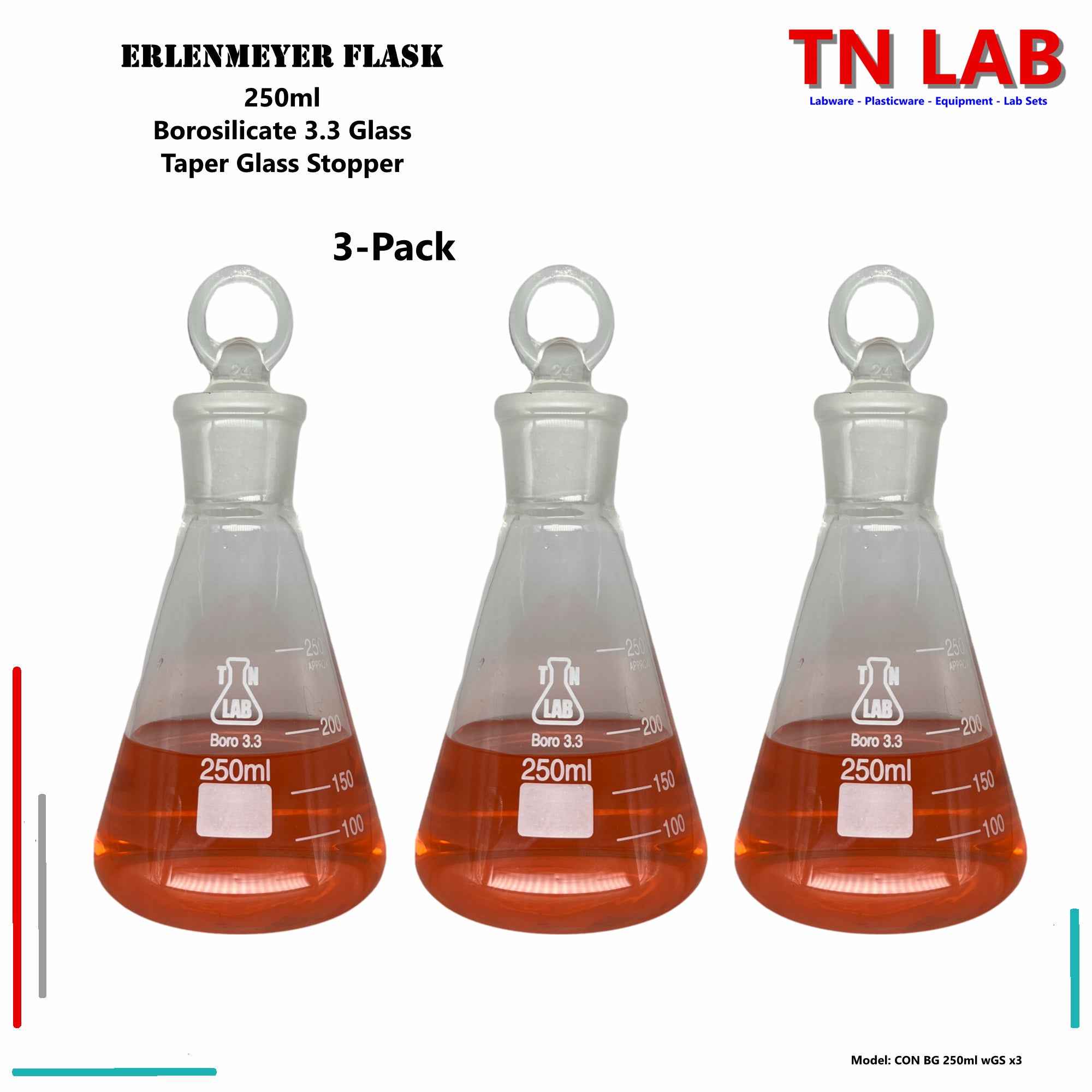 Erlenmeyer Flask 250ml Borosilicate 3.3 Glass with 24/25 Jointed Glass Stopper