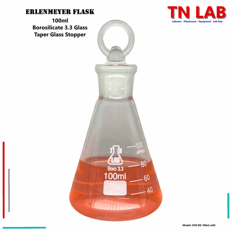 TN LAB Erlenmeyer Flask Borosilicate 3.3 Glass with Tapered Glass Stopper 100ml 