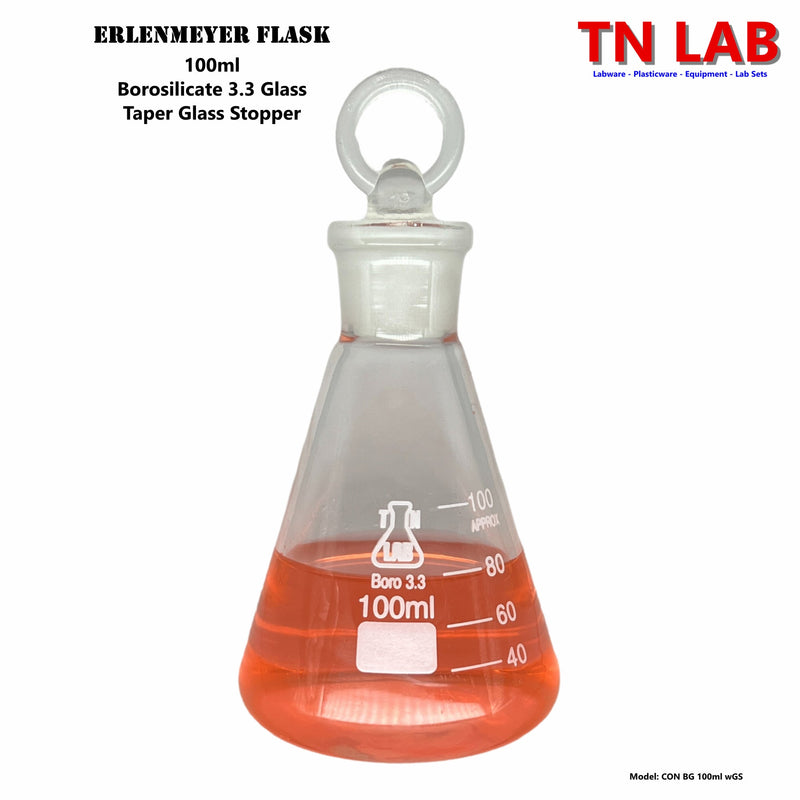 TN LAB Erlenmeyer Flask Borosilicate 3.3 Glass with Tapered Glass Stopper 100ml 