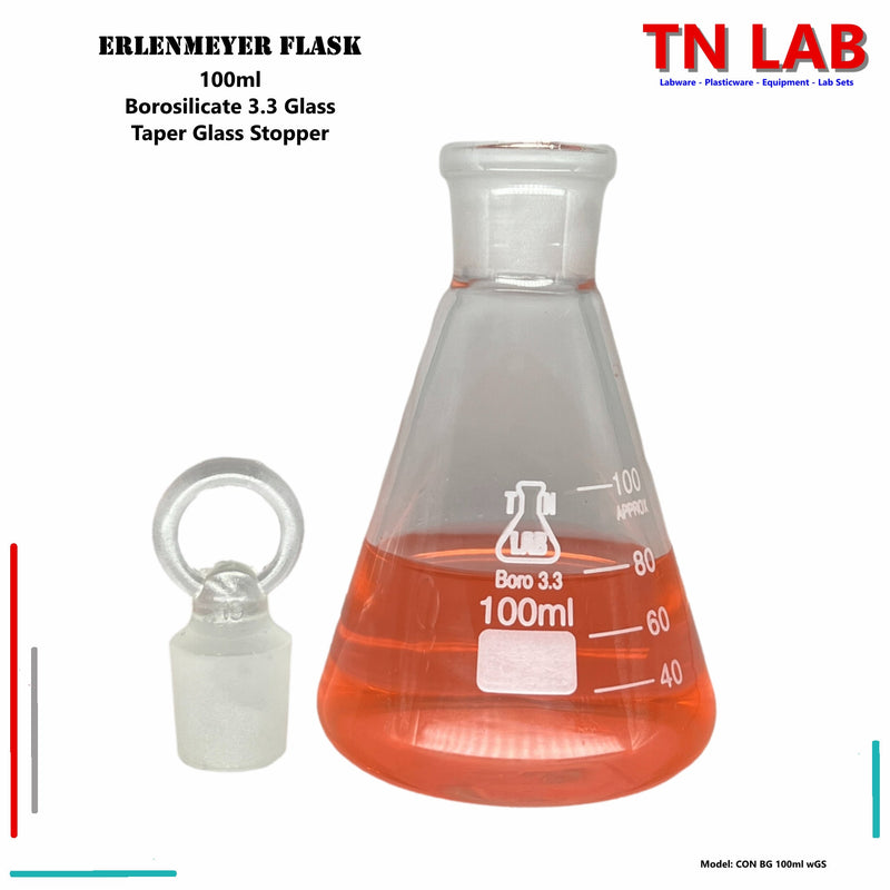 TN LAB Erlenmeyer Flask Borosilicate 3.3 Glass with Tapered Glass Stopper 100ml 