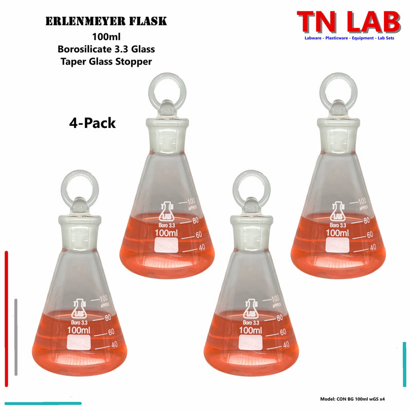 TN LAB Supply Erlenmeyer Flask Conical Flask 100ml Borosilicate 3.3 Glass with Glass Tapered Stopper 4-Pack