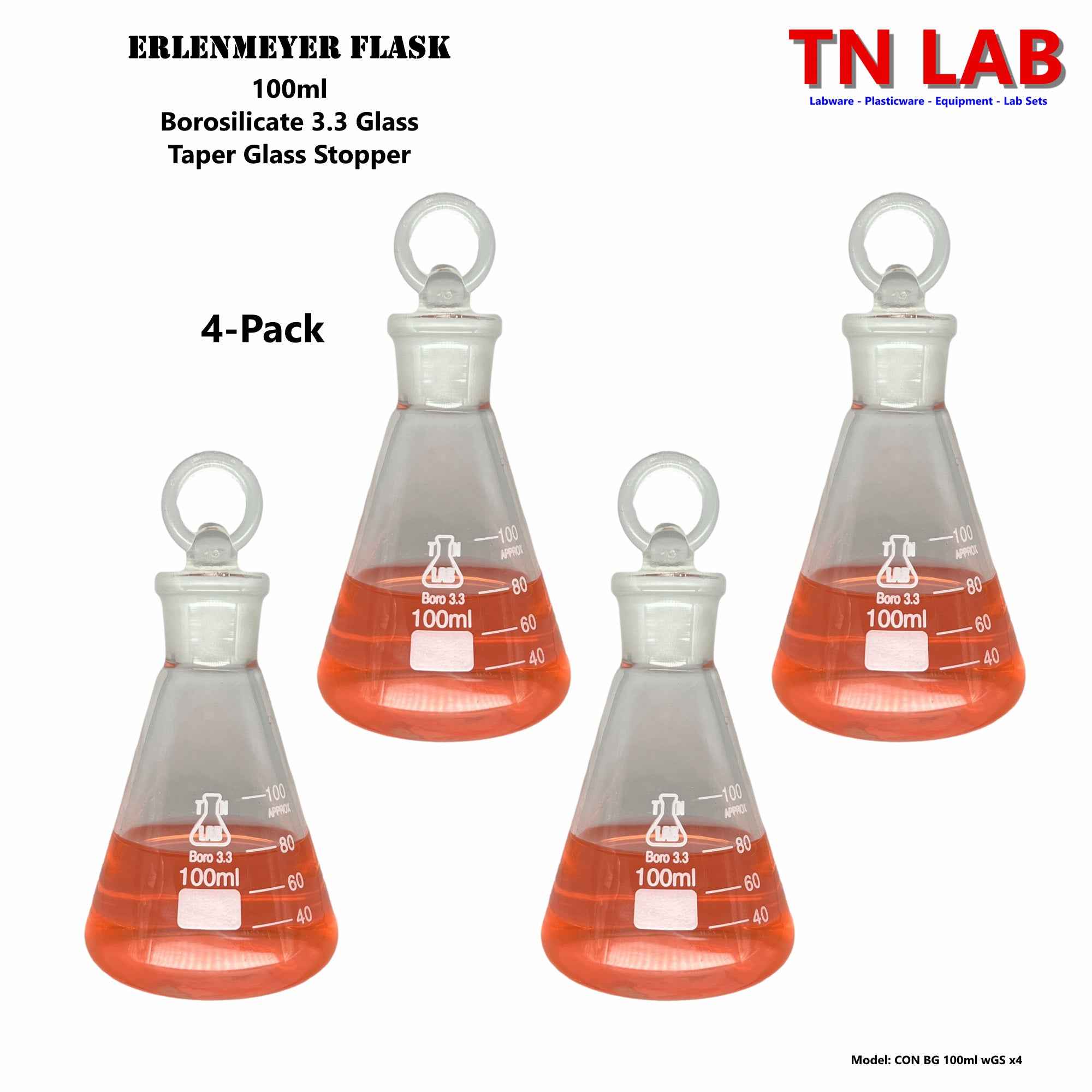 Erlenmeyer Flask 100ml Borosilicate 3.3 Glass with 19/22 Jointed Glass Stopper