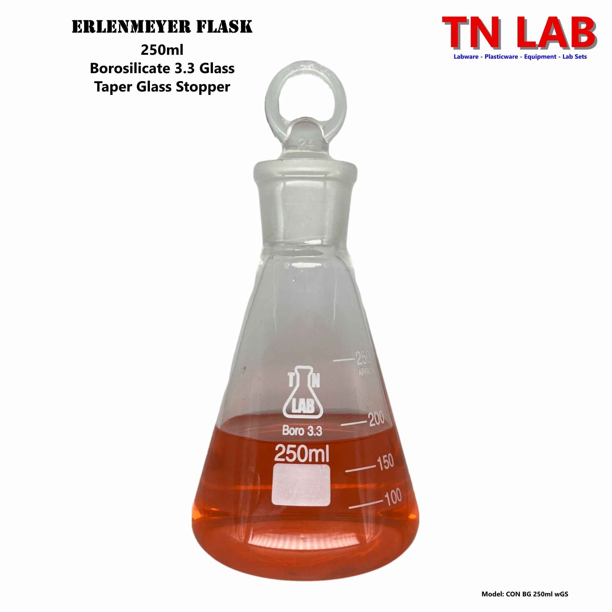 TN LAB Erlenmeyer Flask SET of 4 Flasks with Jointed Glass Stoppers 100ml 250ml 500ml 1000ml