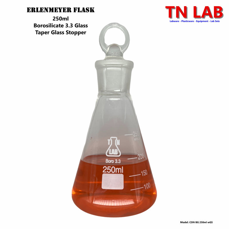 TN LAB Erlenmeyer Flask Borosilicate 3.3 Glass with Tapered Glass Stopper 250ml 