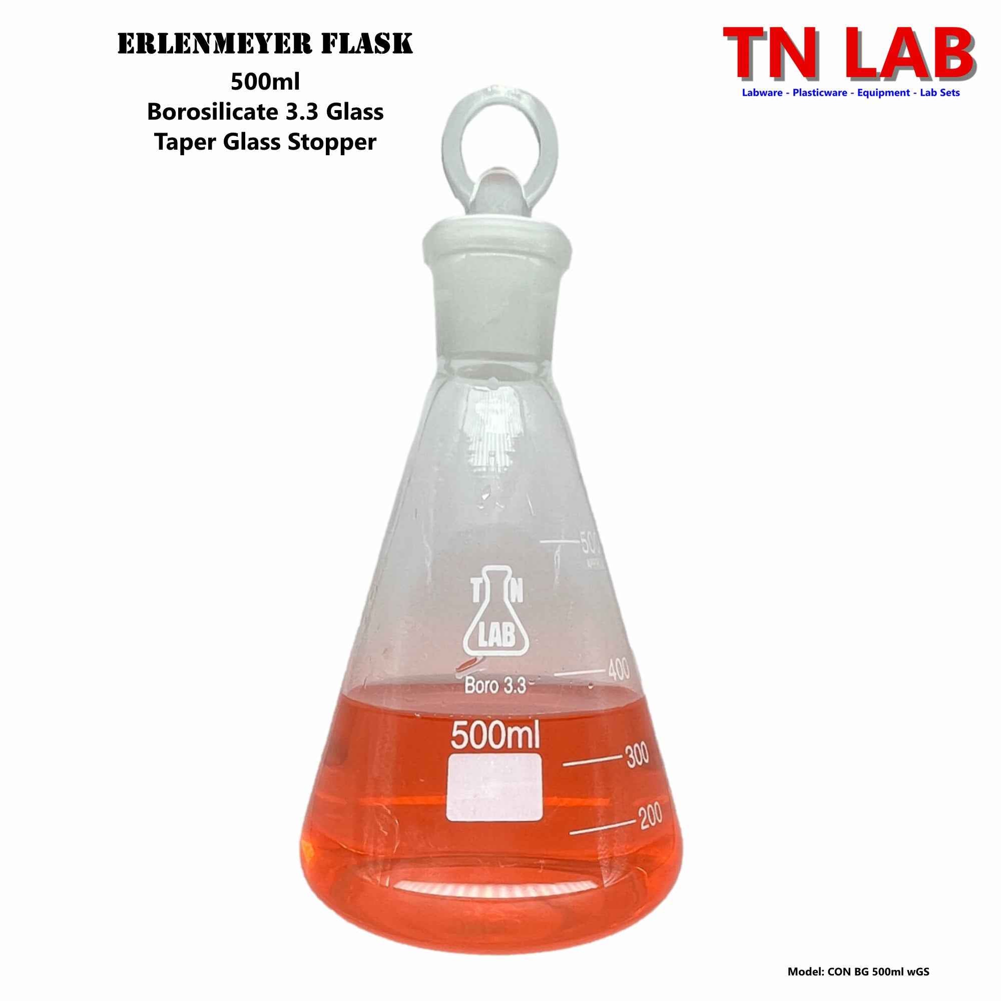 TN LAB Erlenmeyer Flask SET of 4 Flasks with Jointed Glass Stoppers 100ml 250ml 500ml 1000ml