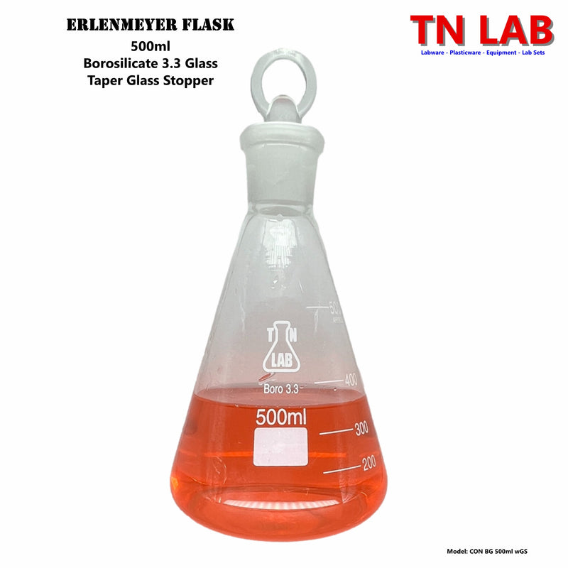 TN LAB Erlenmeyer Flask Borosilicate 3.3 Glass with Tapered Glass Stopper 500ml 