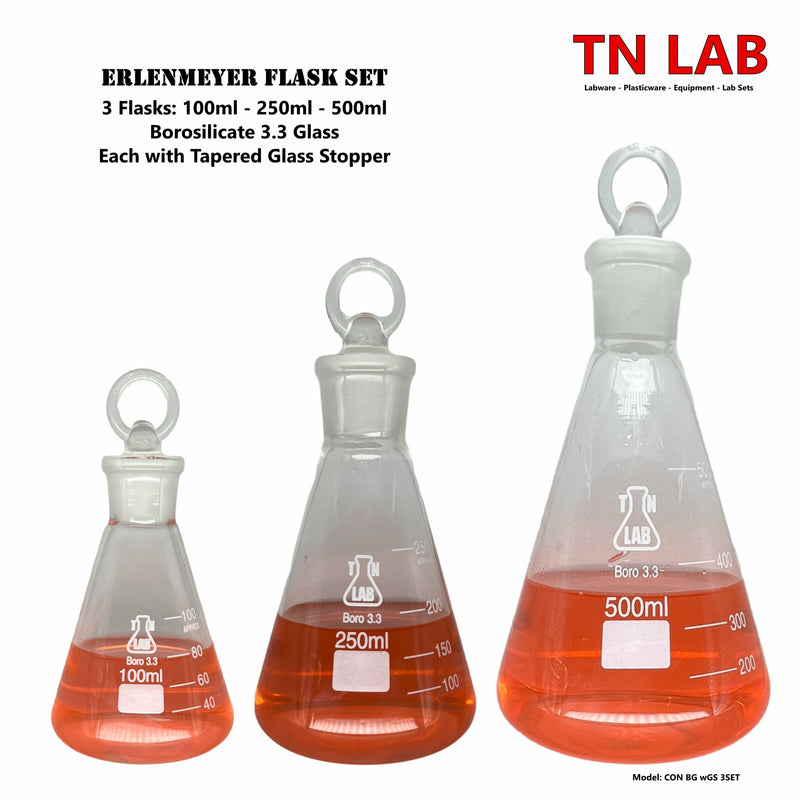 TN LAB Erlenmeyer Flask Set 3-Flasks Borosilicate 3.3 Glass with Tapered Glass Stoppers 100ml - 250ml - 500ml 