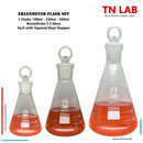 TN LAB Erlenmeyer Flask Set 3-Flasks Borosilicate 3.3 Glass with Tapered Glass Stoppers 100ml - 250ml - 500ml 