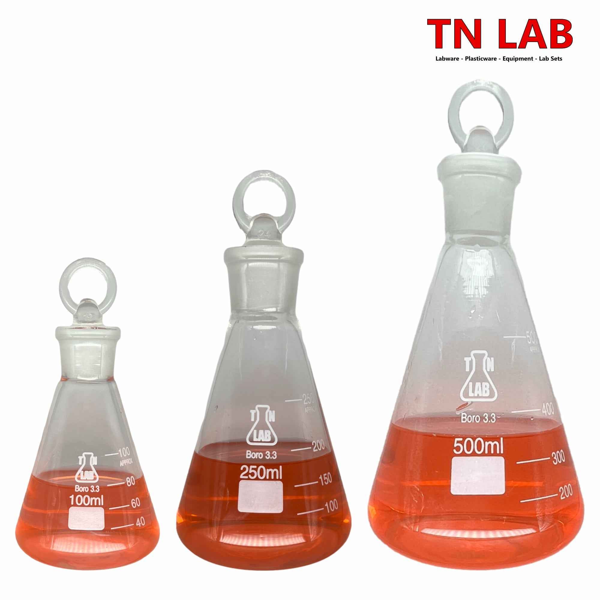 TN LAB Erlenmeyer Flask SET of 4 Flasks with Jointed Glass Stoppers 100ml 250ml 500ml 1000ml