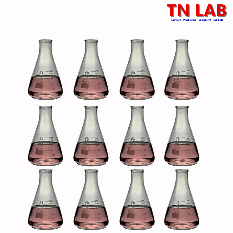 TN LAB 100ml Erlenmeyer Conical Flask Borosilicate 3.3 Glass 12-Pack