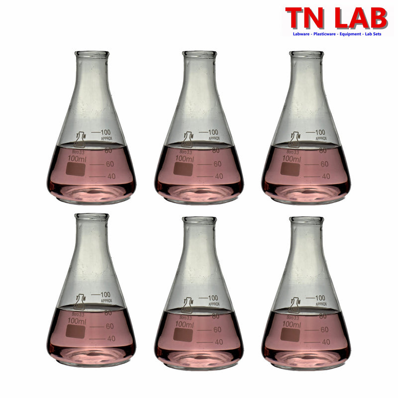 TN LAB 100ml Erlenmeyer Conical Flask Borosilicate 3.3 Glass 6-Pack