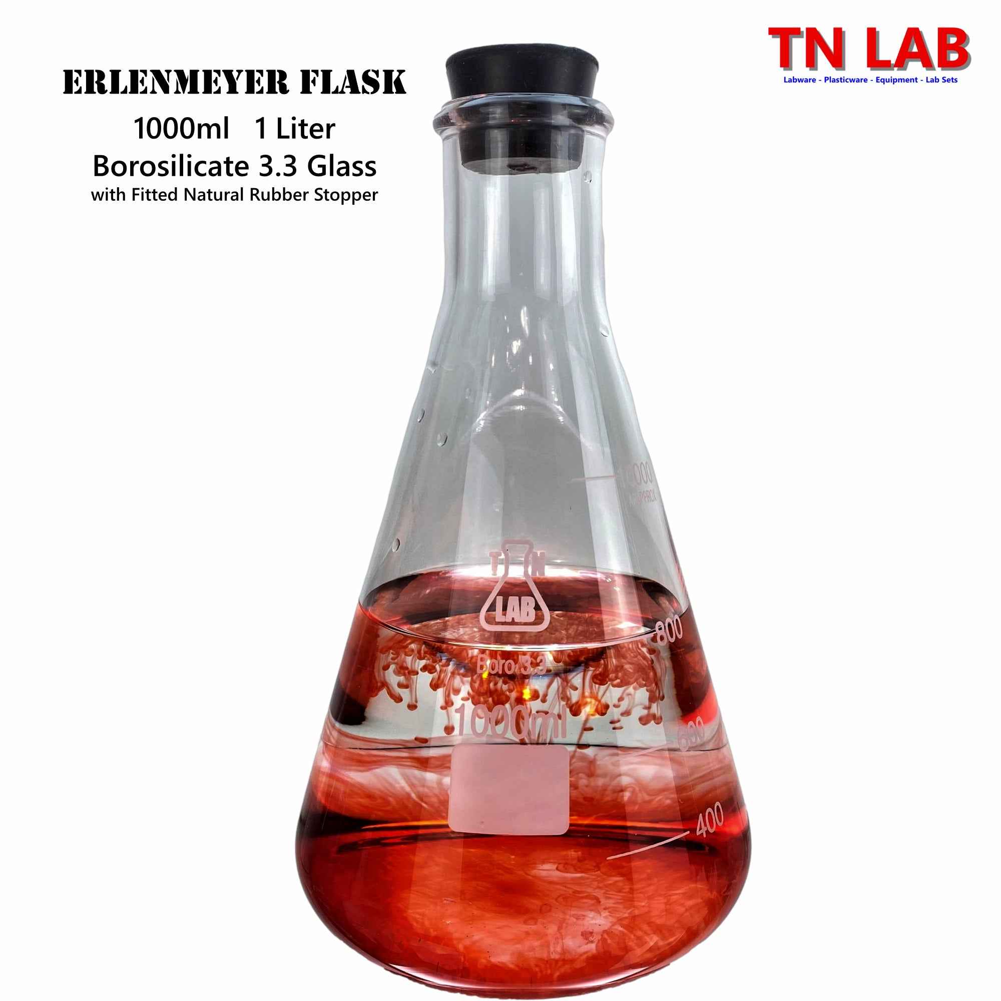 Erlenmeyer Flask Borosilicate 3.3 Glass w-Rubber Stopper Family