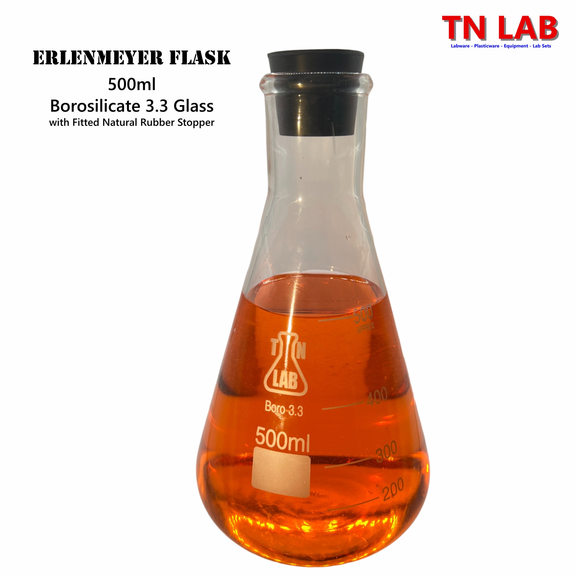 thumbnail image 2 of TN Lab 500ml Erlenmeyer Flask - Borosilicate Glass With Rubber Stopper For Laboratory 2 of 9