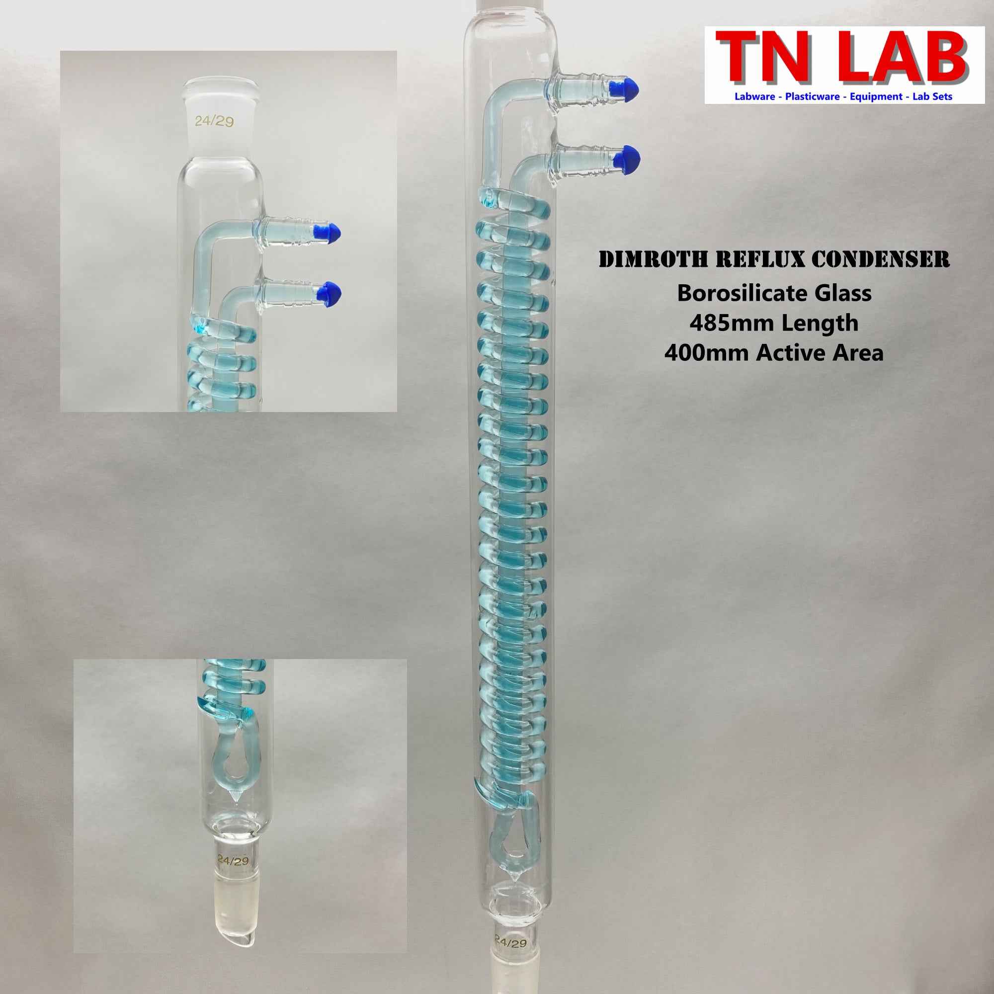 Condenser Dimroth Reflux - 485mm Overall Length - 400mm Active Condenser - Borosilicate Glass