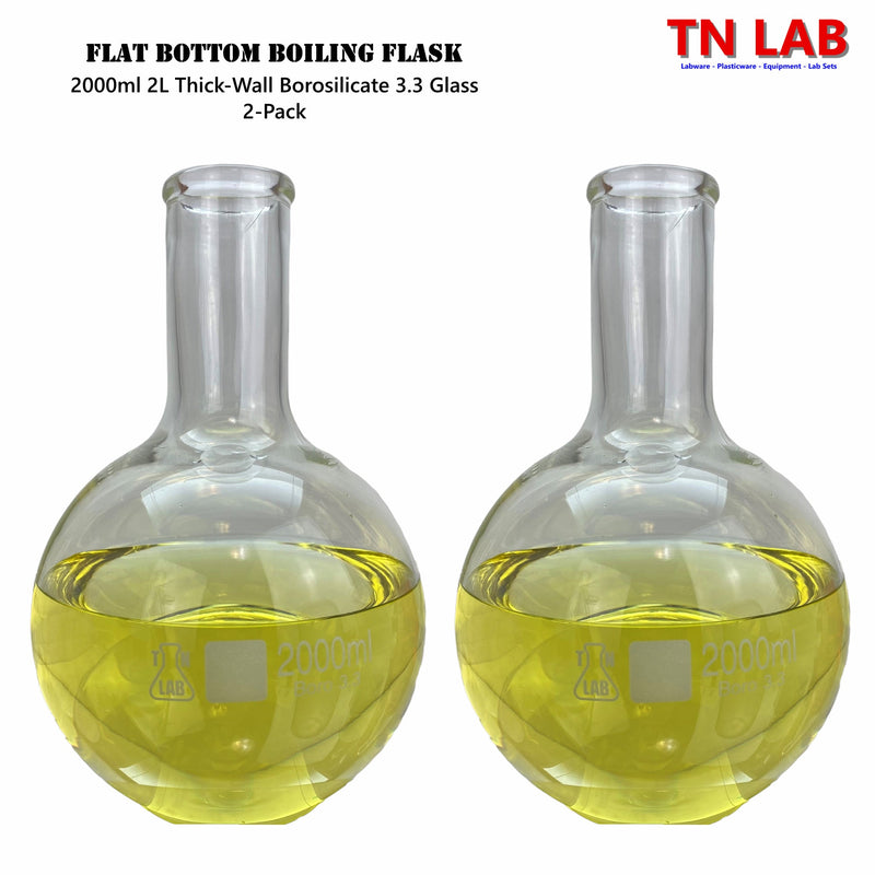 TN LAB Supply 2000ml 2L Flat Bottom Boiling Flask Thick-Wall Borosilicate 3.3 Glass 2-Pack
