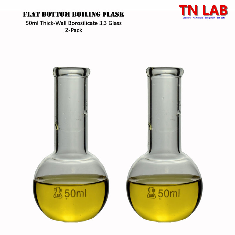 TN LAB Supply 50ml Flat Bottom Boiling Flask  Borosilicate Glass with Rubber Stopper 2-Pack