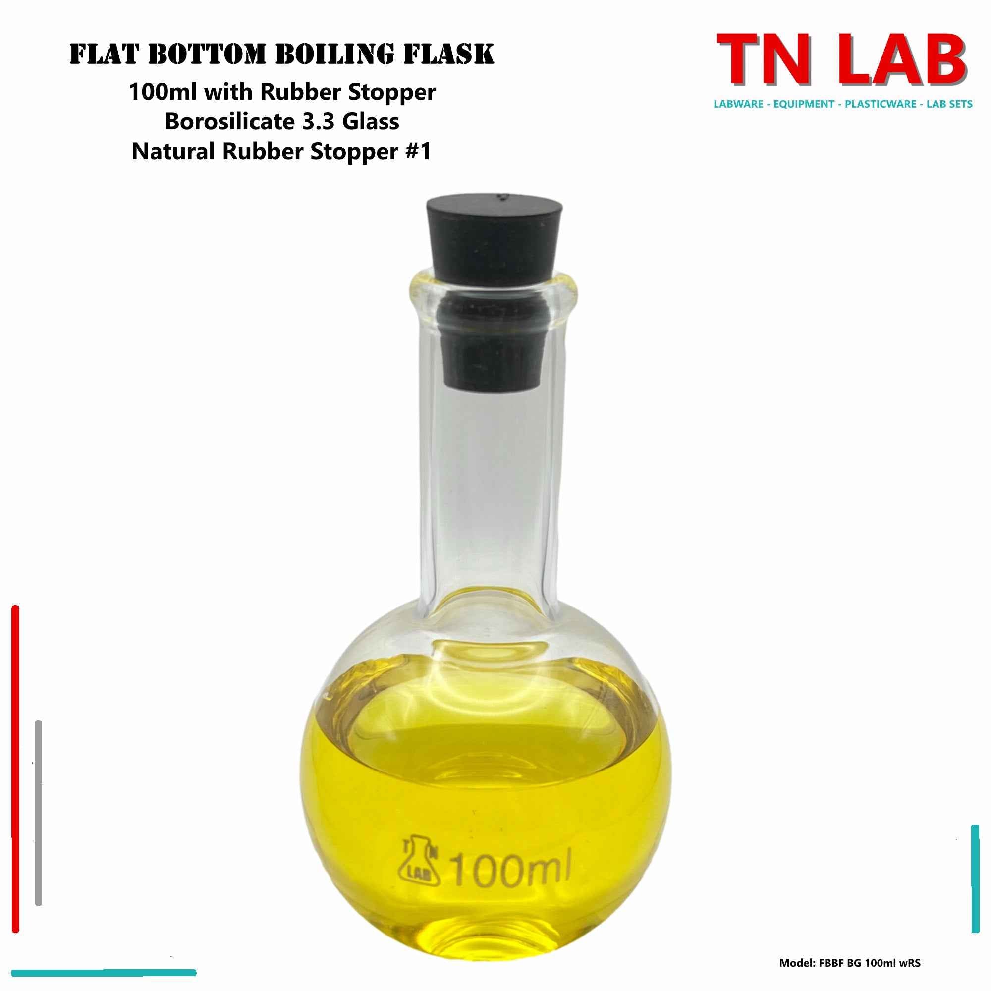 Flat Bottom Boiling Flask Florence Flask Borosilicate Glass 100ml with Rubber Stopper