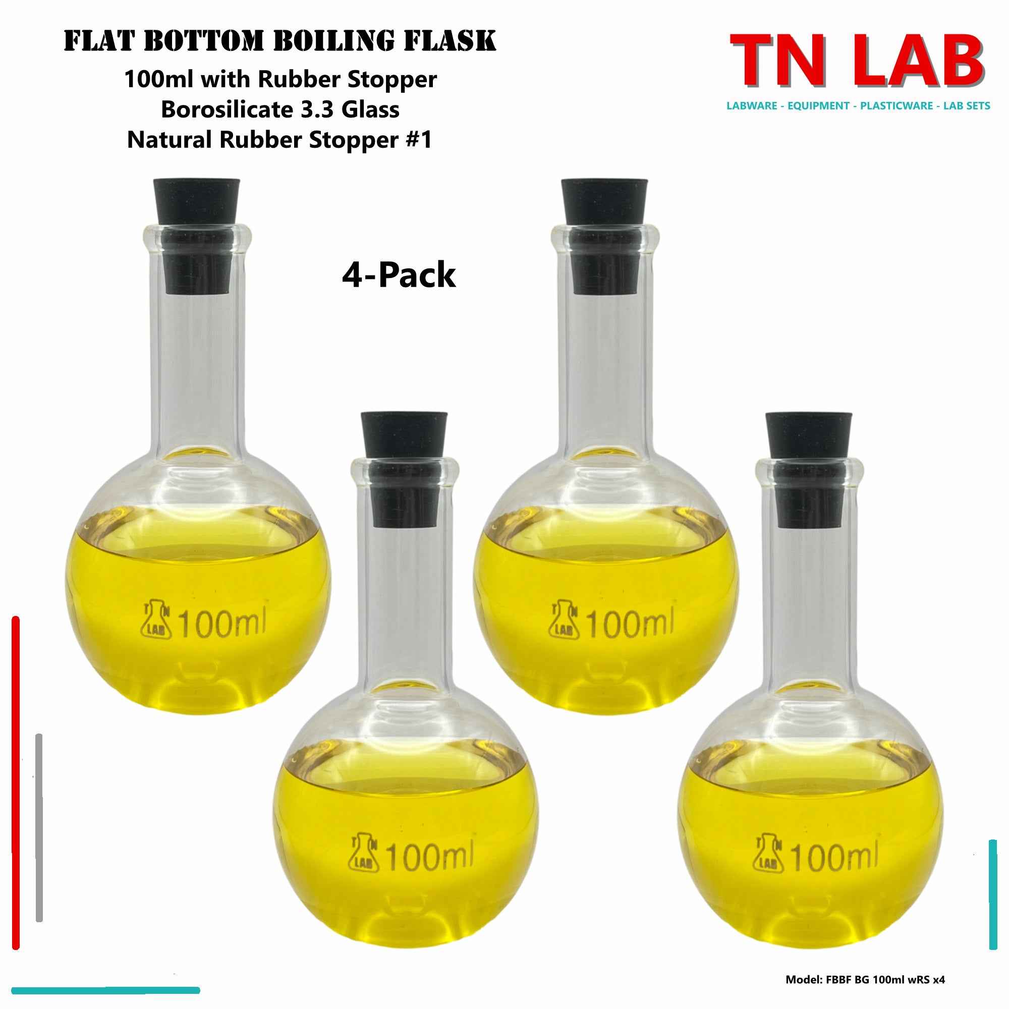 Flat Bottom Boiling Flask Florence Flask Borosilicate Glass 100ml with Rubber Stopper
