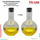 TN LAB Supply 1000ml 1L Flat Bottom Boiling Flask Florence Flask Thick-Wall Borosilicate 3.3 Glass with Natural Rubber Stopper 2-Pack