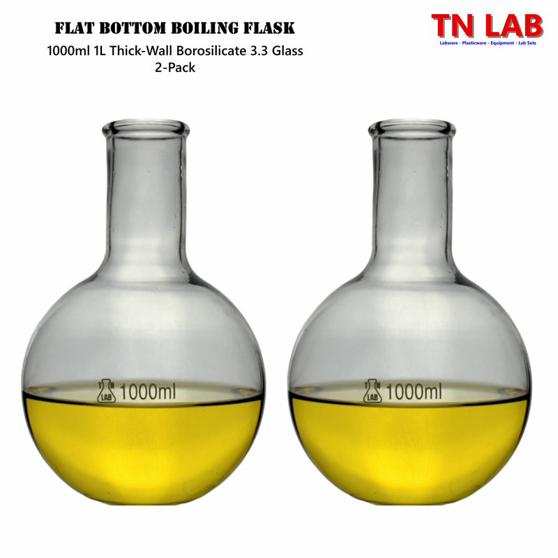 TN LAB Supply 1000ml 1L Flat Bottom Boiling Flask Thick-Wall Borosilicate 3.3 Glass 2-Pack