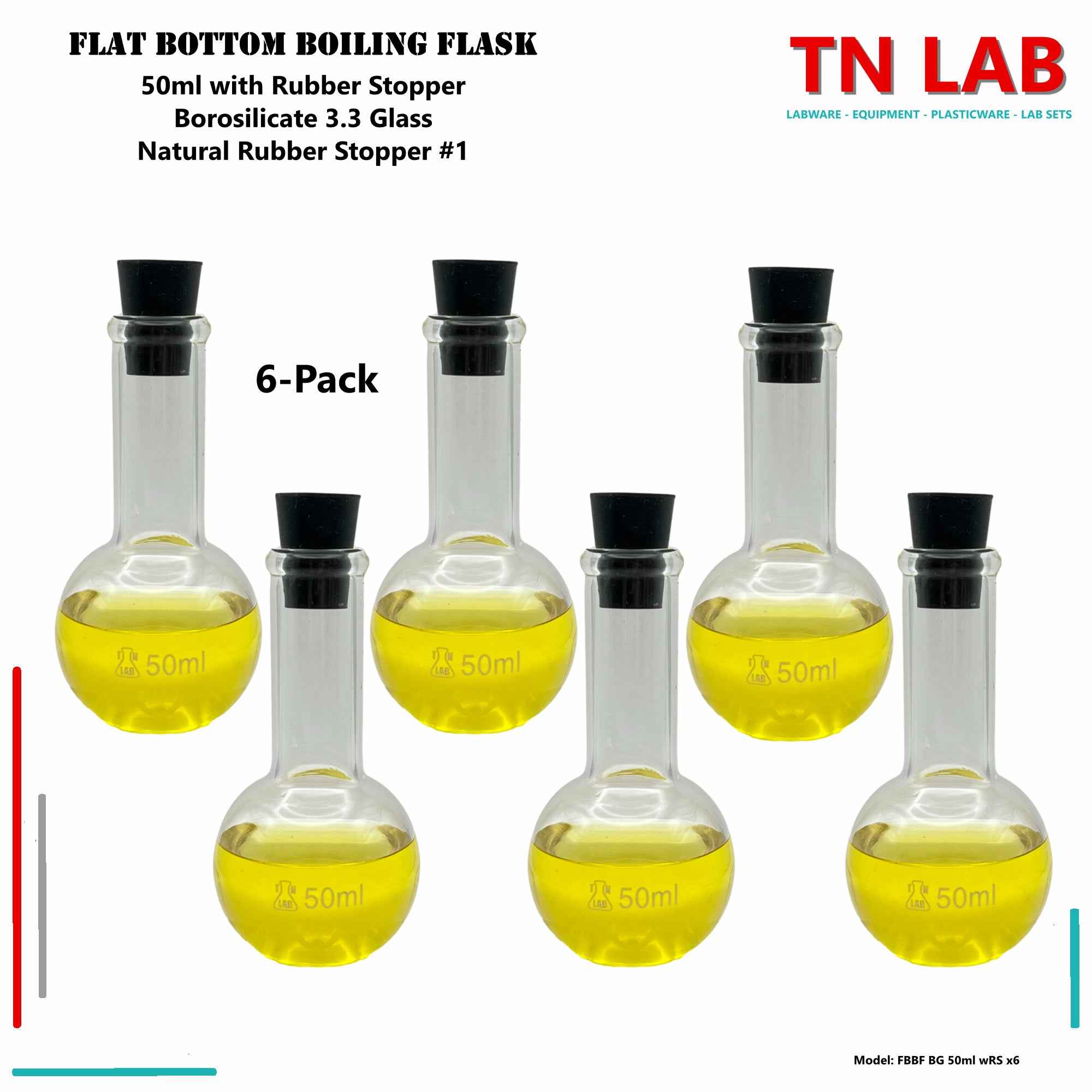 Flat Bottom Boiling Flask Florence Flask Borosilicate Glass 50ml with Rubber Stopper