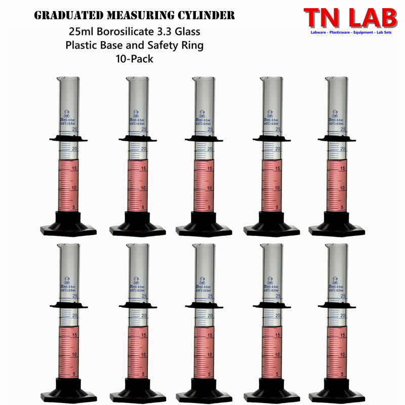 TN LAB Supply 25ml Graduated Measuring Cylinder Borosilicate 3.3 Glass 10-Pack