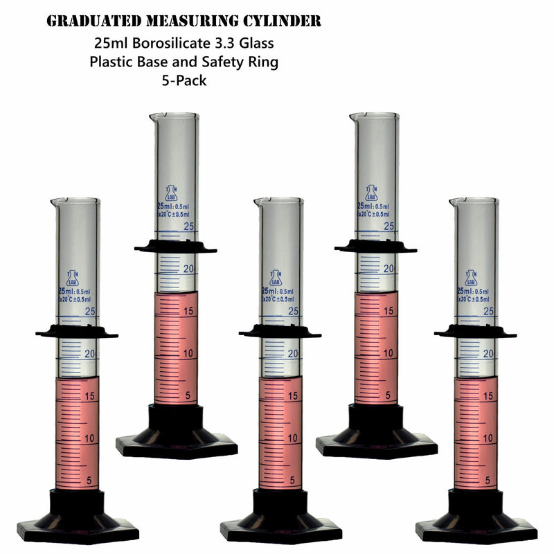 TN LAB Supply 25ml Graduated Measuring Cylinder Borosilicate 3.3 Glass 5-Pack