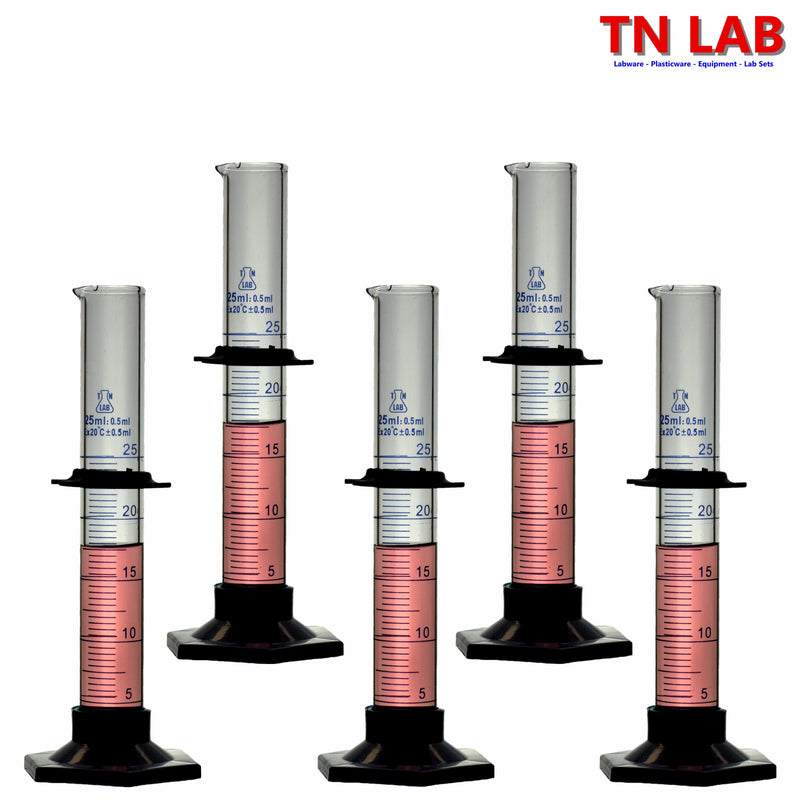 TN LAB Supply 25ml Graduated Measuring Cylinder Borosilicate 3.3 Glass 5-Pack