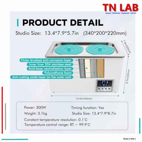 Water Bath BHS-2 Dual Hole Digital Control with 360 Degree Heating 2-Holes