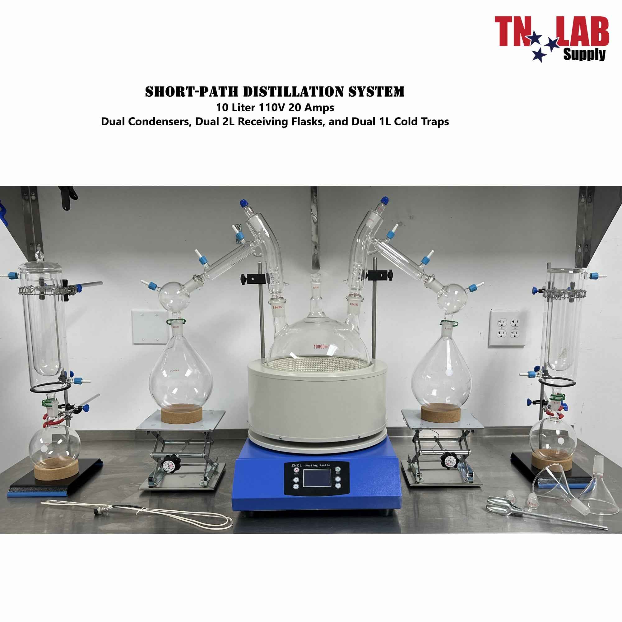 Short-Path Distillation System 10 Liter Dual Condensers Flasks Cold Traps 10000ml
