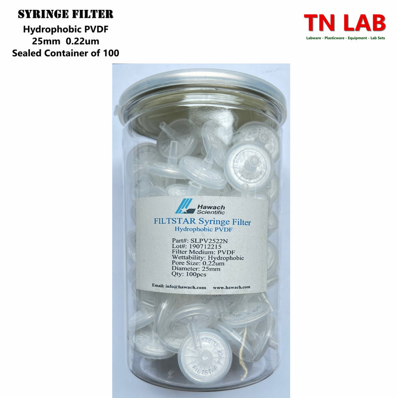 TN LAB Supply Syringe Filter 25mm Diameter Hydrophobic PVDF Pore Size 0.22um Can of 25