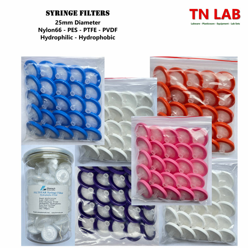 TN LAB Supply Syringe Filters 25mm Diameter Family of 25mm Filters Nylon66 PES PTFE PVDF Hydrophilic Hydrophobic