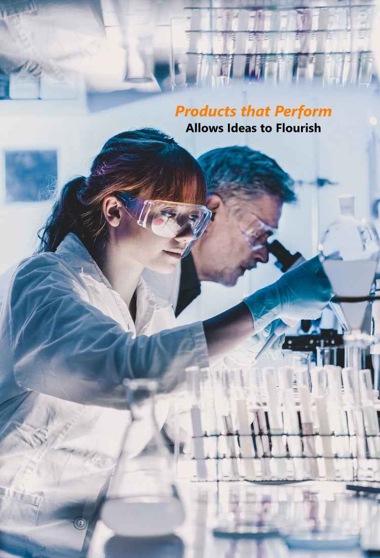 Two scientists in a lab with test tubes and a microscope, with text 'Products that Perform Allows Ideas to Flourish'.